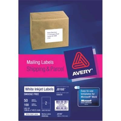 Avery 936086 Avery Label J8168-50 Inkjet 2up 50 Sheets 199x143mm