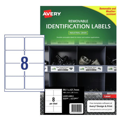 Avery 959209 Avery Weather Resistant Removable Label L4715 Laser 99.1x67.7mm White 8up 20 Sheets