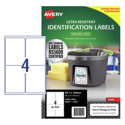 Avery 959244 Avery Ultra Resistant ID Label L7915 White Laser 99.1x139mm 4up 10 Sheets