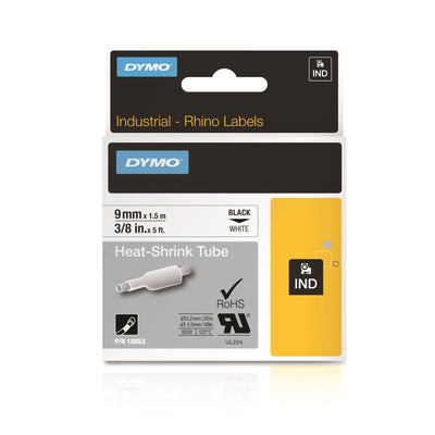 Dymo 18053 Rhino Heat Shrink Tubing Black on White 9mm
