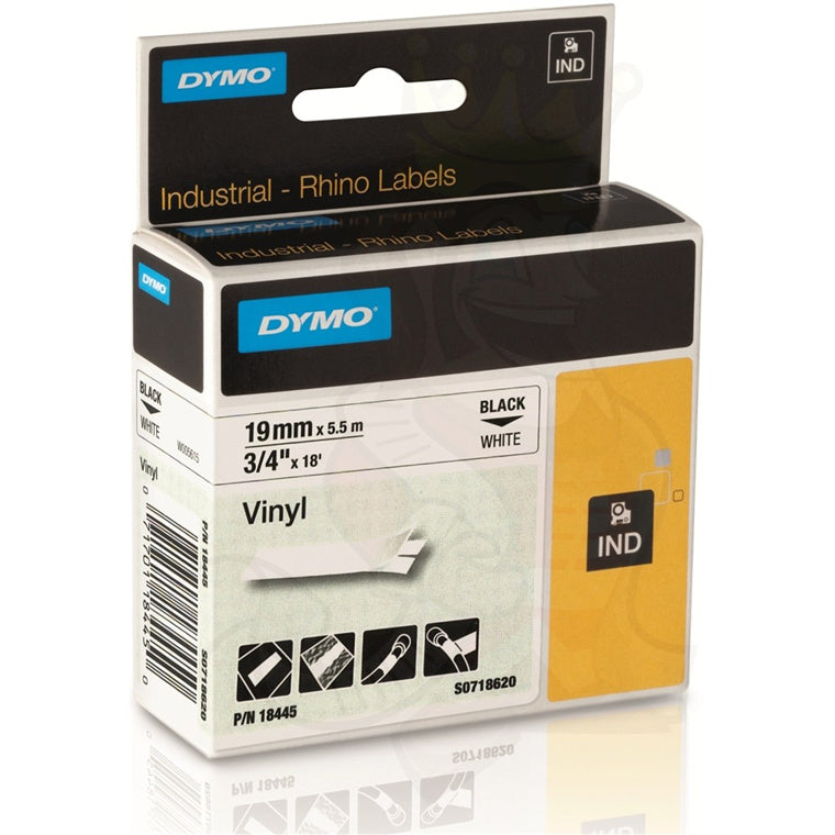 Genuine Rhino Industrial Vinyl 19mm x 5.5m. Black on White. Compatible w/ DYMO Rhino