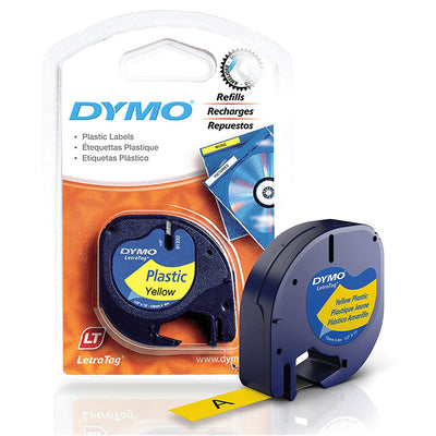 Dymo 91332 Black on Yellow Tape ,Plastic Labels, For LetraTag LT-100H and LT-100T Label Makers, DY LT 0.5"X13  12MMX4M