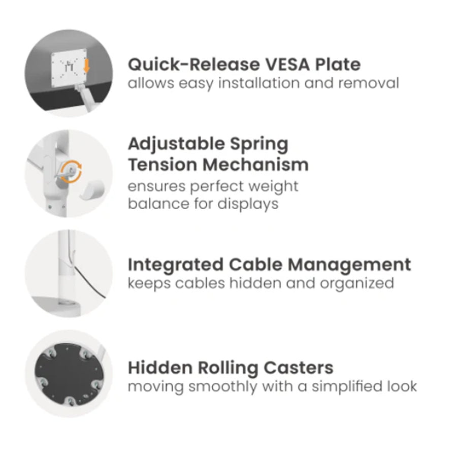 Bracom TT57-22TW Fully-Adjustable Mobile Mechanical Spring Display Floor Stand (Max. VESA:200x200) White 17"-43"