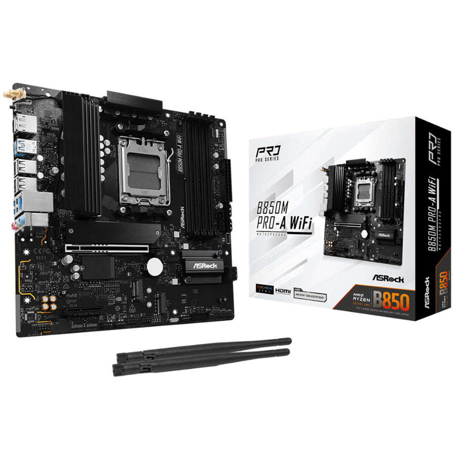 ASRock B850M Pro-A WiFi MATX Motherboard For AMD Ryzen 7000/8000/9000 Series CPUs Socket AM5 - AMD B850 Chipset - PCIE 5.0 - 3x M.2, 4x DDR5, 2x Internal USB 3.2 Header, 2x Internal USB 2.0 Header, 1x Internal Type C Header, Wifi AX+ BT