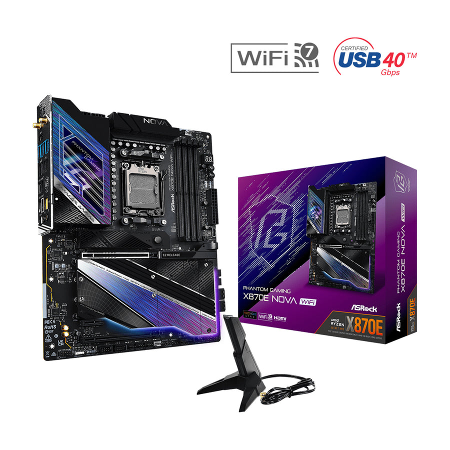 ASRock X870E NOVA WiFi ATX Motherboard For AMD Ryzen 7000/8000/9000 Series CPUs Socket AM5 - AMD X870 Chipset - PCIE 5.0, 5x M.2 4x DDR5 Dimm, Back I/O: 10x USB, 2x Type C, Lan, HDMI, HD Audio, 2x Internal USB2.0 Header, 2x Internal USB3.2