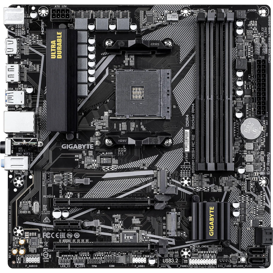 Gigabyte B550M DS3H AC R2 mATX Motherboard For AMD Ryzen 5000 Series CPUs Socket AM4 - AMD B550 Chipset - 2x M.2 - 1x Internal USB 2.0 Header - 1x Internal USB 3.2 Header - 1 X Front Type-C. 1x GbE - WiFi AC + BT