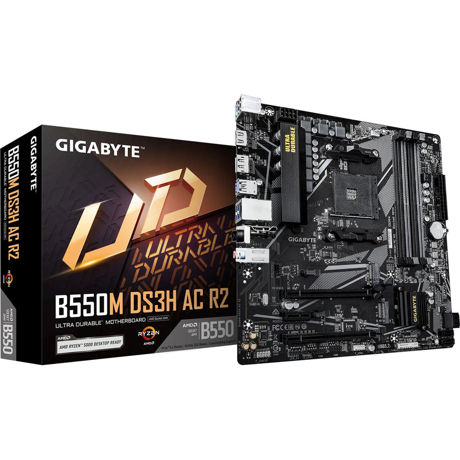Gigabyte B550M DS3H AC R2 mATX Motherboard For AMD Ryzen 5000 Series CPUs Socket AM4 - AMD B550 Chipset - 2x M.2 - 1x Internal USB 2.0 Header - 1x Internal USB 3.2 Header - 1 X Front Type-C. 1x GbE - WiFi AC + BT