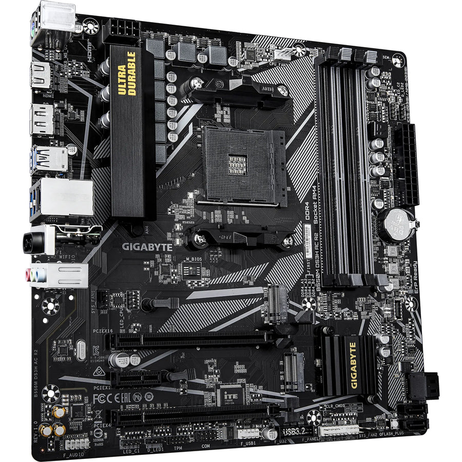 Gigabyte B550M DS3H AC R2 mATX Motherboard For AMD Ryzen 5000 Series CPUs Socket AM4 - AMD B550 Chipset - 2x M.2 - 1x Internal USB 2.0 Header - 1x Internal USB 3.2 Header - 1 X Front Type-C. 1x GbE - WiFi AC + BT