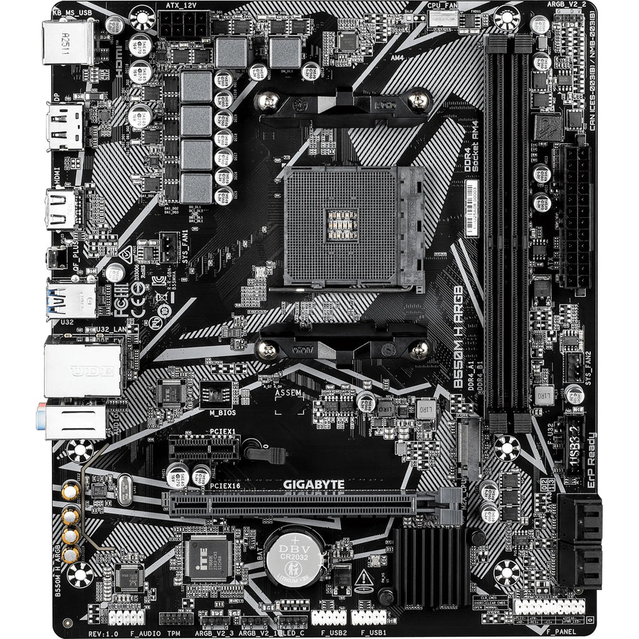 Gigabyte B550M H ARGB mATX Motherboard For AMD Ryzen 5000 Series CPUs Socket AM4 - AMD B550 Chipset - 2 X DDR4 DIMM , M.2 - 2 x Internal USB 2.0 Header - 1x Internal USB 3.2 Header 1x GbE