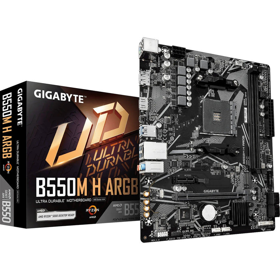 Gigabyte B550M H ARGB mATX Motherboard For AMD Ryzen 5000 Series CPUs Socket AM4 - AMD B550 Chipset - 2 X DDR4 DIMM , M.2 - 2 x Internal USB 2.0 Header - 1x Internal USB 3.2 Header 1x GbE