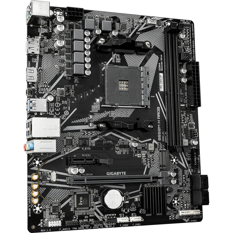 Gigabyte B550M H ARGB mATX Motherboard For AMD Ryzen 5000 Series CPUs Socket AM4 - AMD B550 Chipset - 2 X DDR4 DIMM , M.2 - 2 x Internal USB 2.0 Header - 1x Internal USB 3.2 Header 1x GbE