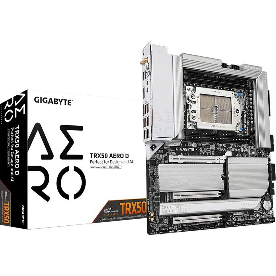 Gigabyte TRX50 AERO D ATX Motherboard For AMD Ryzen Threadripper Pro 9000 / 7000 WX Series AMD Ryzen Threadripper 9000 / 7000 Series, TRX50 Chipset, PCIE 5.0, 4x DDR5 RDimm,10GbE + 2.5 GbE Dual LAN and Wi-Fi 7