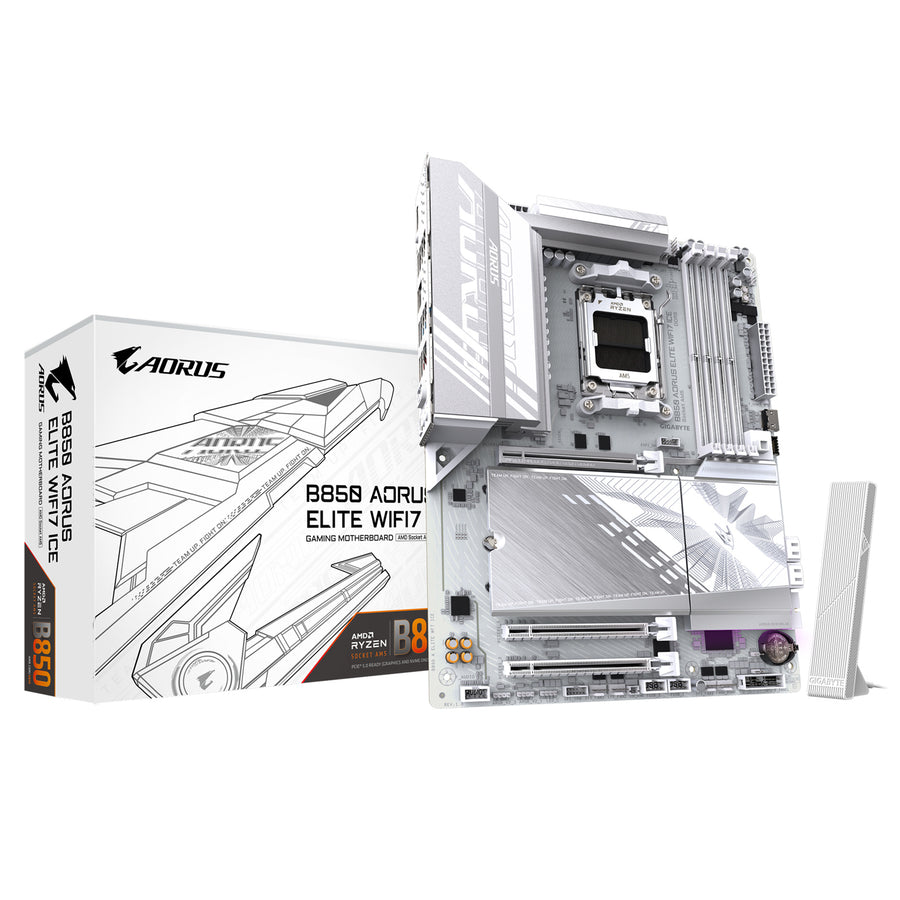 Gigabyte B850 AORUS ELITE WIFI7 ICE ATX Motherboard AMD Socket AM5 - B850 Chipset - Supports AMD Ryzen 9000 / 8000 / 7000 Series Processor - PCIE 5.0 - 3x M.2, 4x DDR5, 2x Internal USB 2.0 Header, 1x Internal USB 3.2 Header, 1x Internal Typ