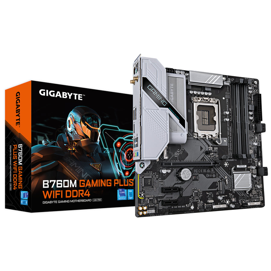 Gigabyte B760M Gaming Plus WIFI DDR4 mATX Motherboard Intel Socket LGA1700, B760, 4x DDR4, 2x M.2, 1x Internal USB 3.2 Header, 2x Internal USB 2.0 Header, 1x Internal Type-C Header