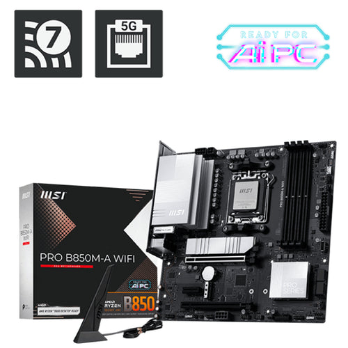 MSI PRO B850M-A WIFI MATX Motherboard For AMD Socket AM5 - B850 Chipset, Supports AMD Ryzen 9000 / 8000 / 7000 Series Processor, PCIE 5.0, 2xM.2, 4x DDR5, 2x Internal USB 2.0 Header, 1x Internal USB 3.2 Header, 1x Internal Type C Header. 5G
