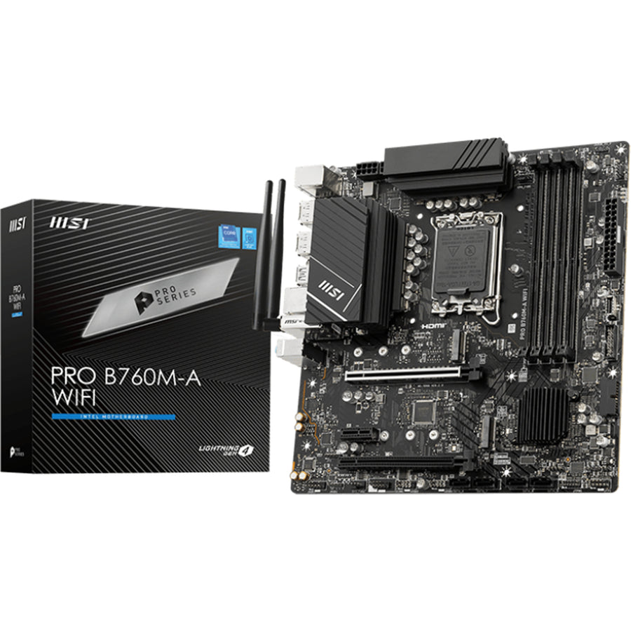 MSI PRO B760M-A WIFI mATX Motherboard For Intel 12th/13th/14th Gen, LGA1700, B760 Chipset, 4x DDR5 Dimm, 2x M.2, 2x Internal USB 2.0 Header, 2x Internal USB 3.2 Header, 1x Internal Type C Header, 1x 12v RGB Header, 2x 5v A-RGB Header