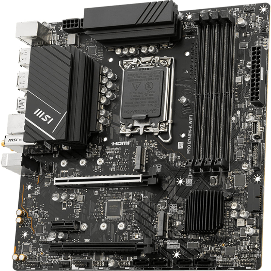 MSI PRO B760M-A WIFI mATX Motherboard For Intel 12th/13th/14th Gen, LGA1700, B760 Chipset, 4x DDR5 Dimm, 2x M.2, 2x Internal USB 2.0 Header, 2x Internal USB 3.2 Header, 1x Internal Type C Header, 1x 12v RGB Header, 2x 5v A-RGB Header