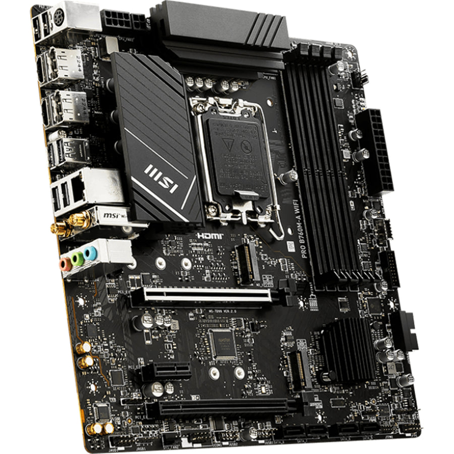 MSI PRO B760M-A WIFI mATX Motherboard For Intel 12th/13th/14th Gen, LGA1700, B760 Chipset, 4x DDR5 Dimm, 2x M.2, 2x Internal USB 2.0 Header, 2x Internal USB 3.2 Header, 1x Internal Type C Header, 1x 12v RGB Header, 2x 5v A-RGB Header