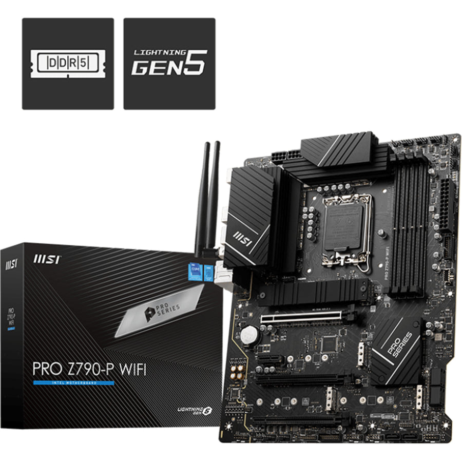 MSI PRO Z790-P WIFI ATX Motherboard Intel Socket LGA1700, Z790, PCIe 5.0, 4xDDR5 Dimm, 4xM.2, Back I/O: 7xUSB, 1xType-C, PS2, DP, HDMI, AX WiFi+BT, LAN, HD Audio, Internal I/O: 2xUSB 2.0, 2xUSB 3.2, 1xType-C, 1x12V RGB, 2x5V A-RGB