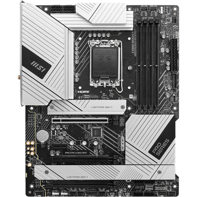 MSI PRO Z790-A MAX WIFI ATX Motherboard For Intel 12th/13th/14th Gen, LGA1700, Z790, PCIe 5.0, 4xDDR5 Dimm, 4x M.2, 2x Internal USB 2.0 Header, 1x Internal USB 3.2 Header,1x Internal Type C Header, 3x 5v A-RGB Header, 1x12v RGB Header