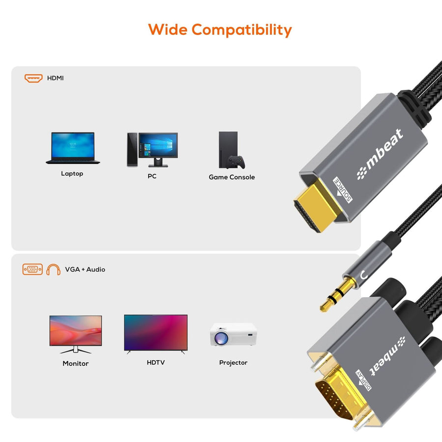MB-XCB-HDVGAUX18 - mbeat Tough Link 1,8m HDMI zu VGA Kabel mit USB Stromversorgung & 3,5mm Audio