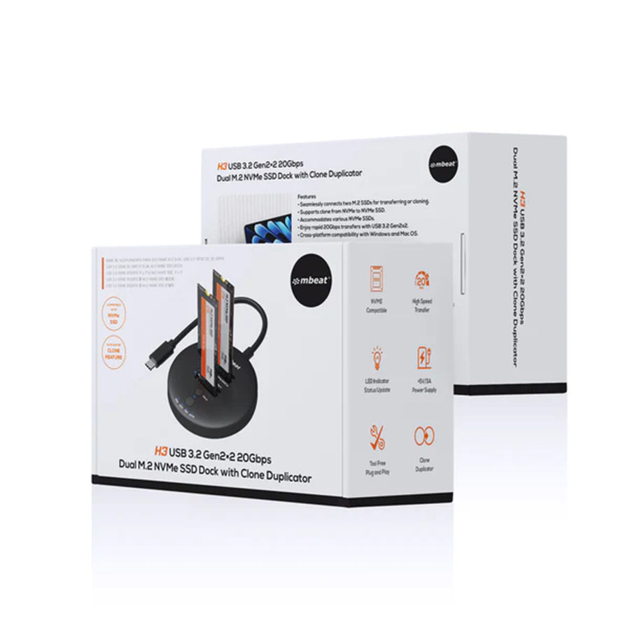 MB-HDD-M2H3CL - mbeat H3 USB 3.2 Gen2x2 20Gbps Dual M.2 NVMe SSD Dock with Clone Duplicator (Black)
