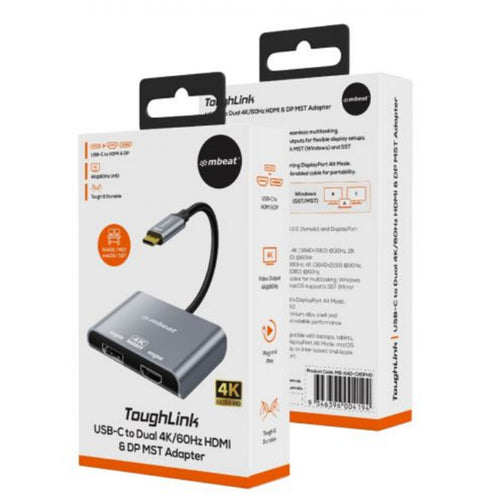 mbeat Tough Link USB-C to DP&HDMI Dual 4K/60Hz MST Adapter - Space Grey
