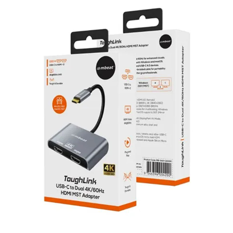 mbeat Tough Link USB-C to Dual 4K/60Hz HDMI MST Adapter - Space Grey