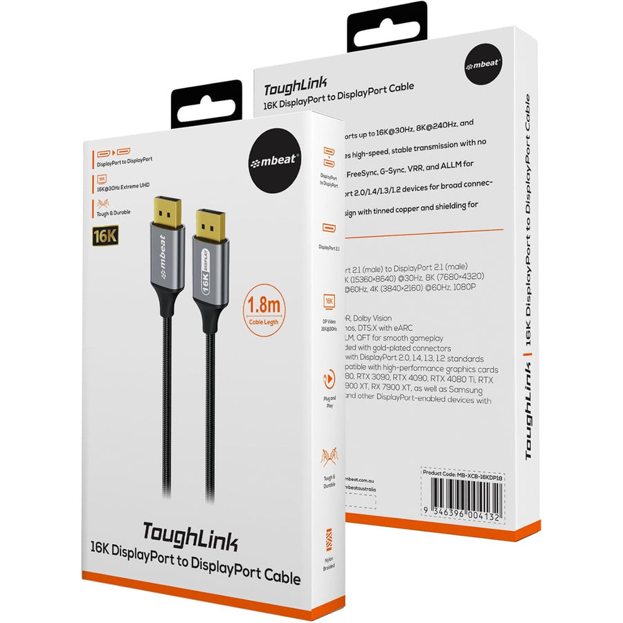 mbeat Tough Link 1.8m 16K DP to DP Cable - Space Grey