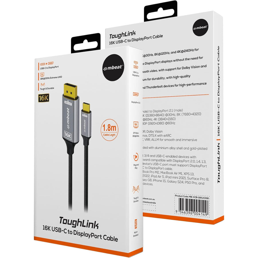 mbeat Tough Link 1.8m 16K USB-C to DP Cable - Space Grey