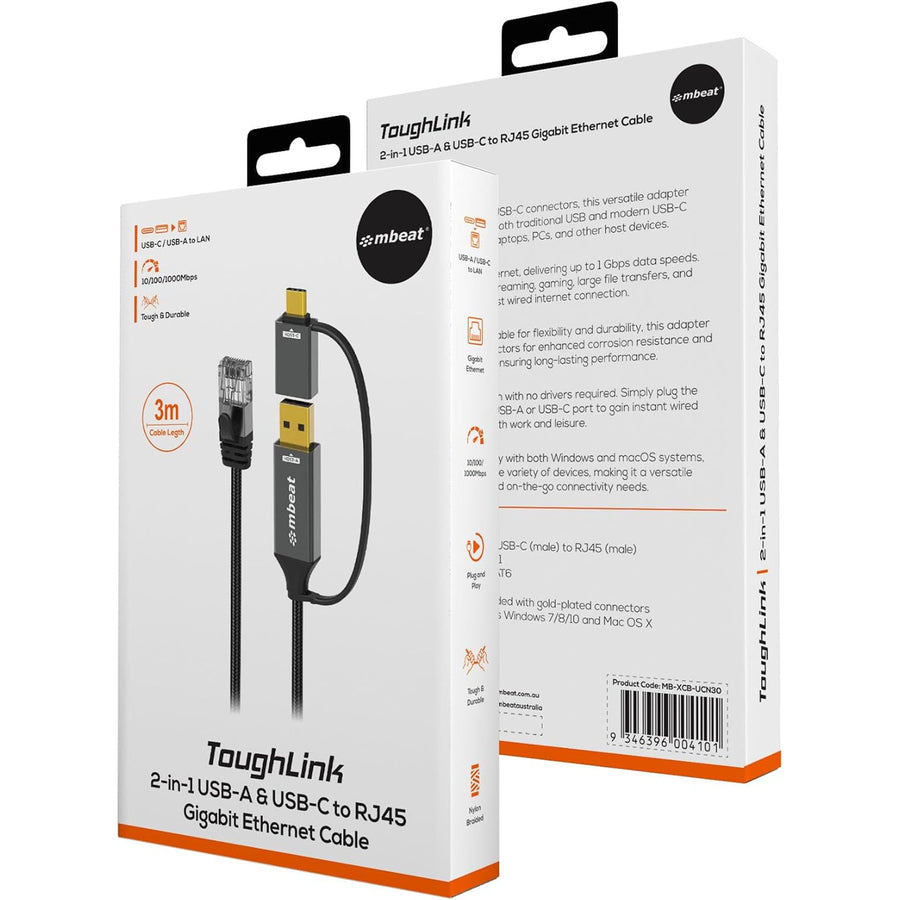MB-XCB-UCN30 - mbeat Tough Link 3m USB- und USB-C-auf-RJ45-Ethernet-Kabel - Space Grey