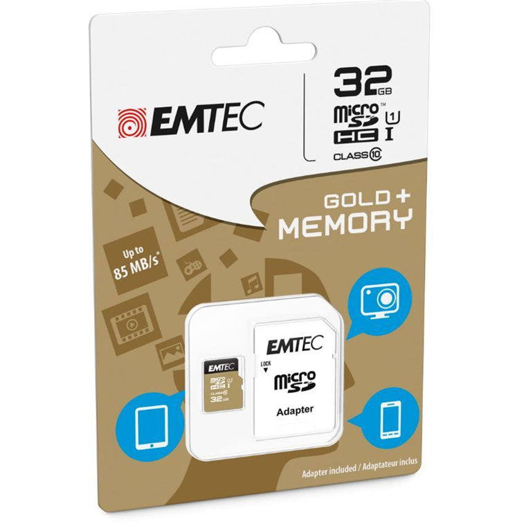 ECMSDM32GHC10GP - Emtec MicroSD Memory Card 32GB Class 10 With SD Adapter Gold