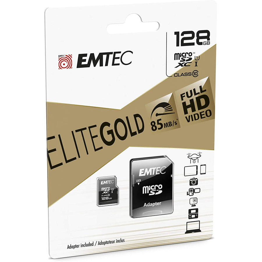 ECMSDM128GXC10GP - Emtec MicroSD Memory Card128GB Class 10 With SD Adapter Gold
