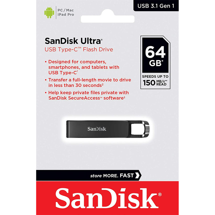 SDCZ460-064G-G46 - SANDISK ULTRA USB TYPE-C FLASH DRIVE, CZ460 64GB, USB TYPE C 3.1, BLACK, SUPER-THIN RETRACTABLE, 5Y