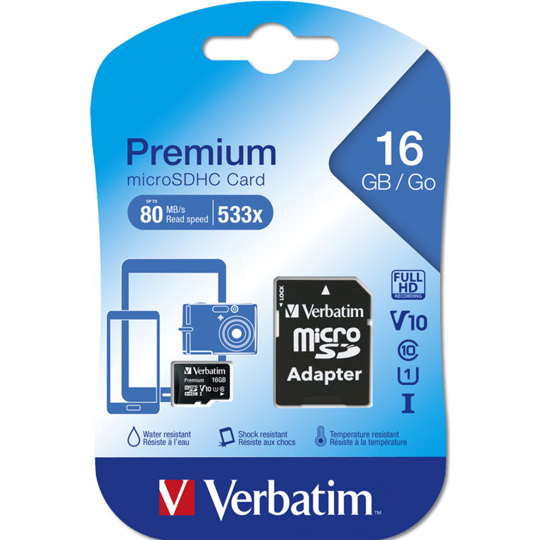 Verbatim  44082  Premium microSDHC Memory Card 16GB + adapter