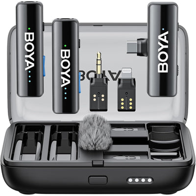 Boya BOYALINK 2 Wireless Lavalier Microphone - Black for iPhone / Android / Camera Vlogging - All-in-One Lapel Dual Mic System & Lightning & USB-C Inputs