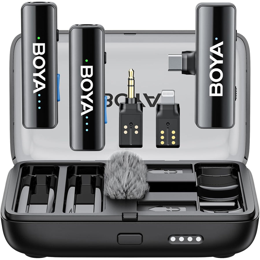 Boya BOYALINK 2 Wireless Lavalier Microphone - Black for iPhone / Android / Camera Vlogging - All-in-One Lapel Dual Mic System & Lightning & USB-C Inputs