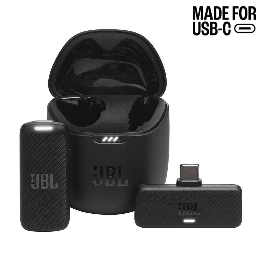 JBL Quantum Stream Wireless Clip-On Lapel Microphone System with USB-C Connector & Charging Case - Simple plug & play - Up to 100m range - Works with iPhone 15/16 series, Android & more with USB-C receiver - Up to 6hr battery/18hr with char