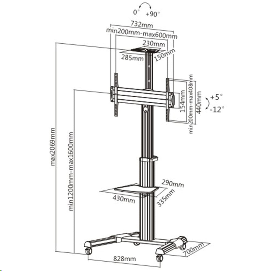 BRATECK 37''-70'' Telescopic Manual Height Adjust TV Cart Max 50Kg VESA support up to 600x400