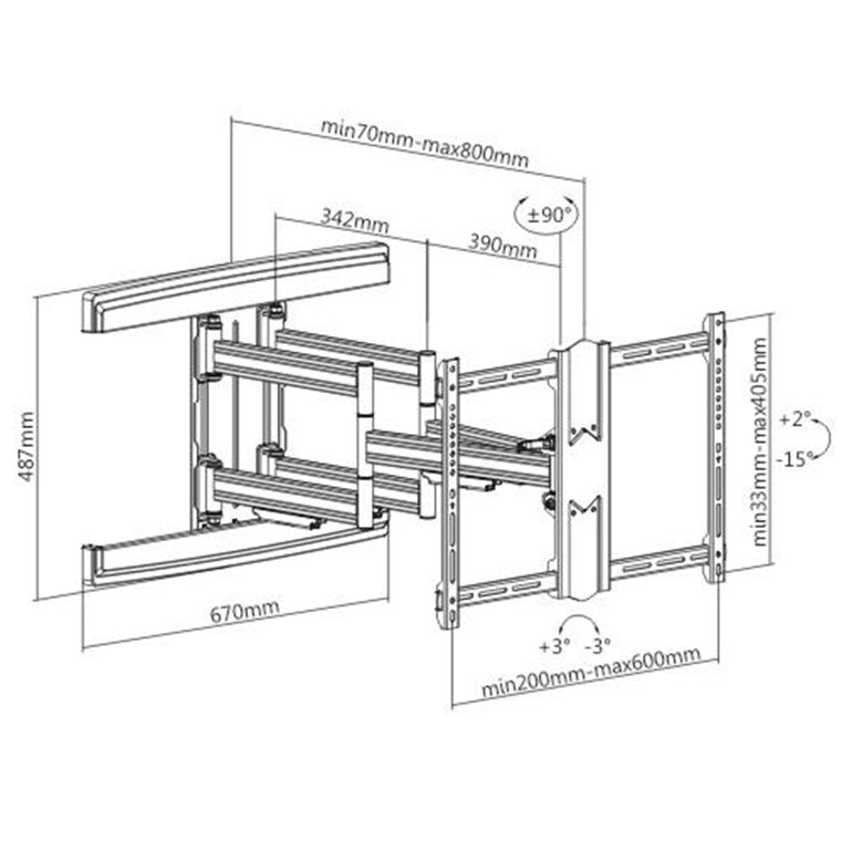 Brateck LPA57-466A 37"-80" Contemporary Design  Full-Motion TV Wall Bracket, -2 15  tilt, -90 90 swivel - Level adjust -3 3, Max VESA 600x400 - Profile 70 800mm - 70kg Max load - Black