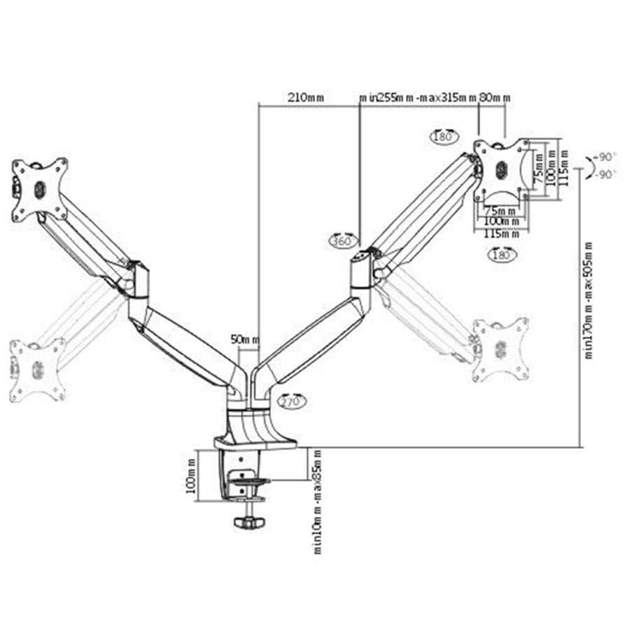 Bracom LDT10-C024 13"-32" Aluminum Interactive Counterbalance Dual Monitor Arm. -90 +90 tilt, -90 +90  swivel, -90 +90  rotate. Max VESA 100x100. Max load 9kg.