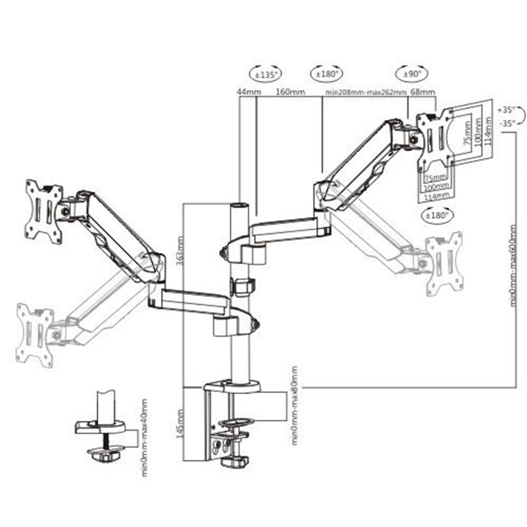Bracom LDT16-C024 dual Gas Spring Monitor Arm pivot and swivel fits 17"-32" VESA 75x75,100x100 Tilt Range: +35°~-35° Swivel Range: +90°~-90° Black Colour