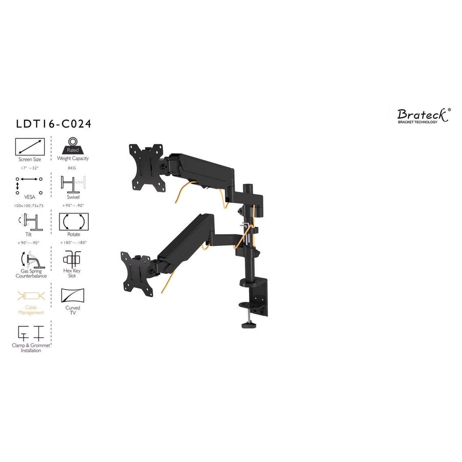 Bracom Gas Spring Dual Monitor Arm for 17"-32"