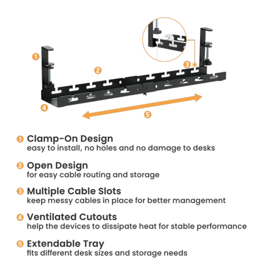 BRATECK CC11-10-2 - Extendable Clamp-On Under Desk Cable Management Tray Clamp Mounting