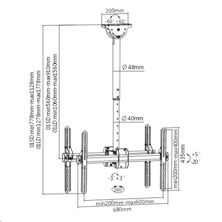 BRATECK PLB-CE946-01LD - 37''-75'' Dual ceiling mount bracket for commercial signage MAX weight 90Kgs (2x45kgs).