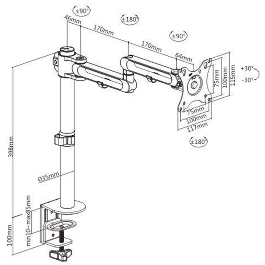 BRATECK LDT30-C012 - 17-32'' Single Monitor Desk Articulating Mount Arm Bracket Free-Tilting Design Clamp