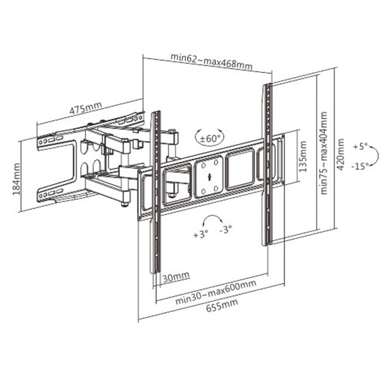 Bracom BT-MTV63-466 - Economy Solid Full Motion TV Wall Mount for 37"-80" LED, LCD Flat Panel TVs