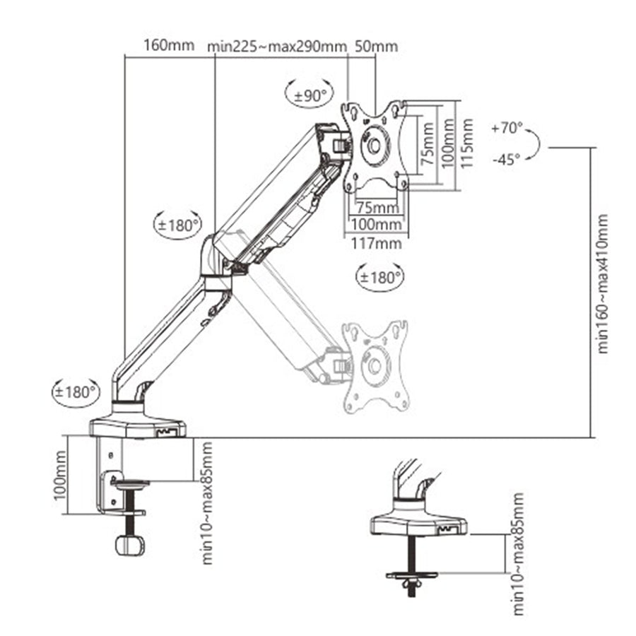 BRATECK LDT46-C012 - Elegant 17''-32'' Counter Balance Monitor Desk Mount Max Load up to 9Kgs. VESA 75x75