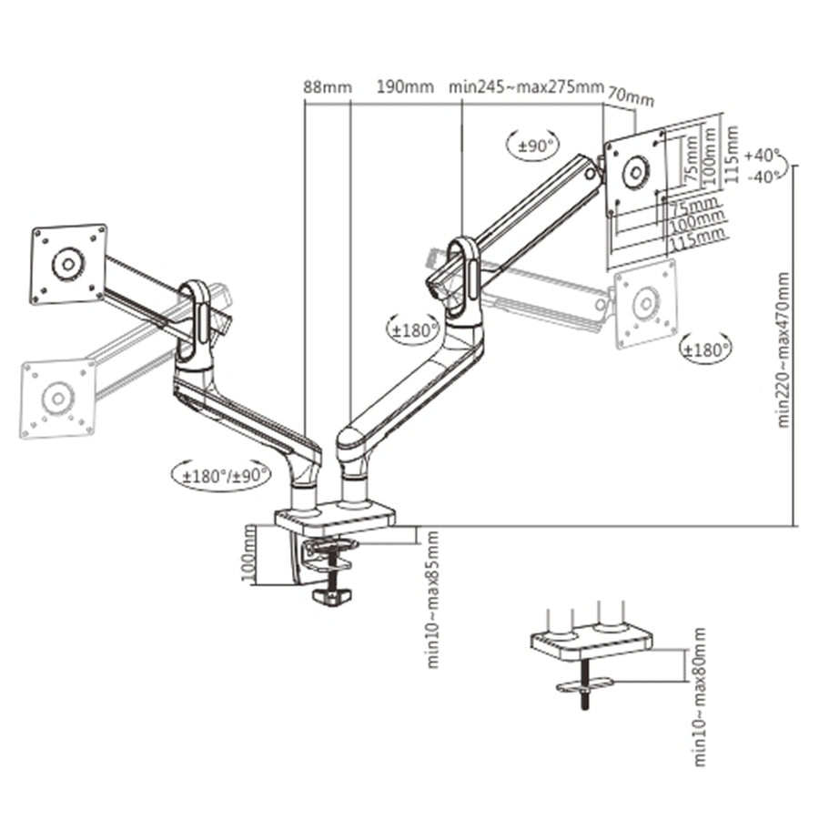 BRATECK LDT50-C024 - 17''-32'' Premium Aluminium Dual Spring-Assist Desk Mount Monitor Arm. Supports VESA