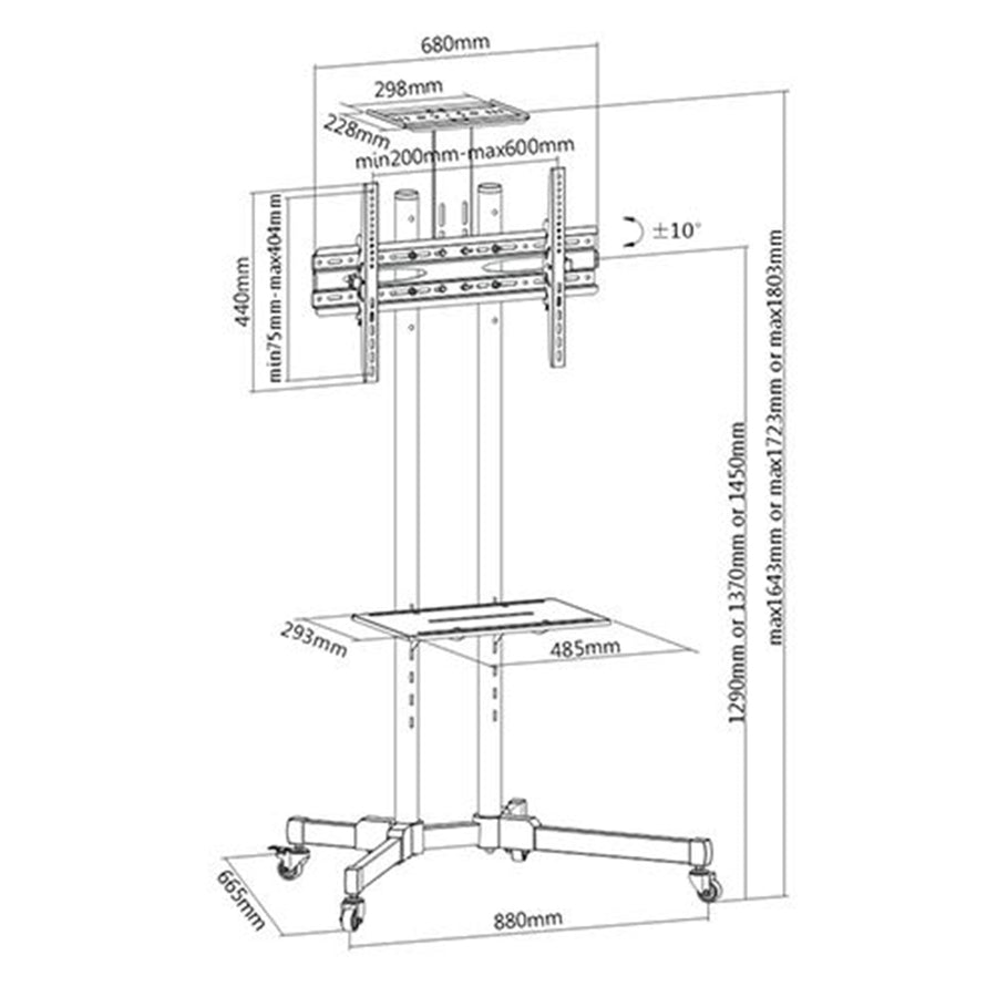 BRATECK LCD-T1028B - 32''-70'' Economy TV Trolley Adjust TV Height w/ Metal Shelf. Max VESA: 600x400